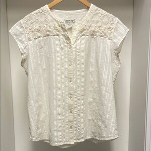 Orvis Women's Ivory Lace Detail Front Pleat Button Down Blouse 100%Cotton Size L